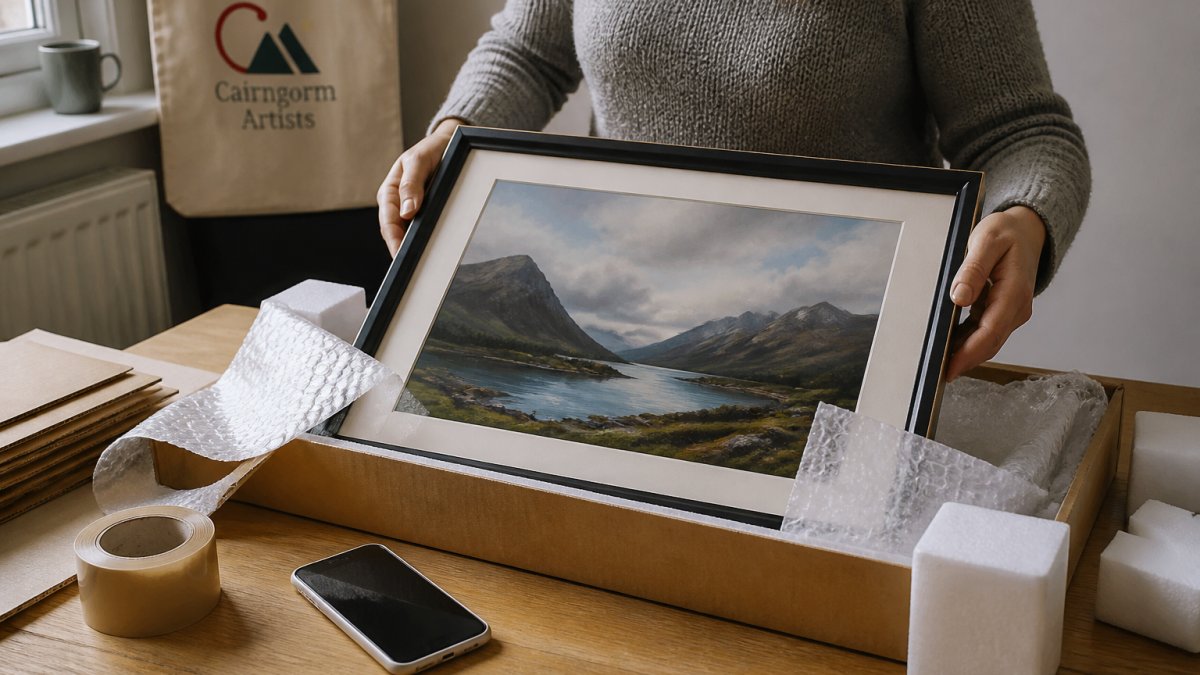 A person carefully unboxing a framed landscape painting at home, packing materials and a phone nearby for photographing the artwork