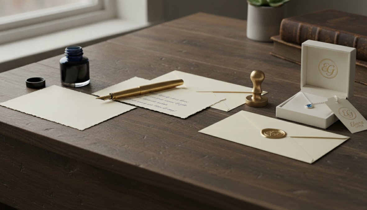 A person's hands writing on premium cream-colored stationery with a fountain pen at a wooden desk, with natural window light illuminating the scene and a coffee cup visible nearby
