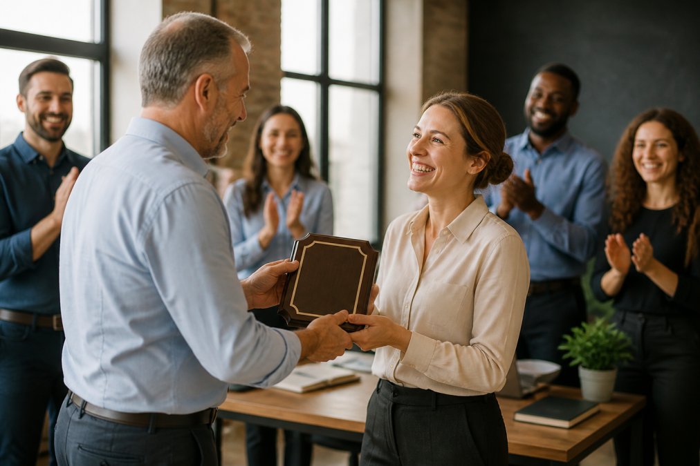 Manager presenting an engraved plaque to a smiling employee during a work anniversary announcement in the office.