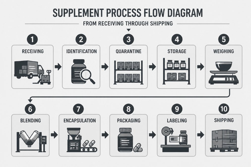 Process flow diagram outlining the steps of a supplement HACCP plan from raw material receiving to shipping.
