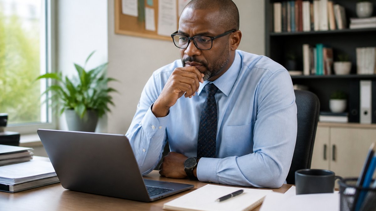 School administrator sitting at desk reviewing draft fundraising email on laptop with notepad and pen nearby, looking thoughtful and engaged with natural office lighting