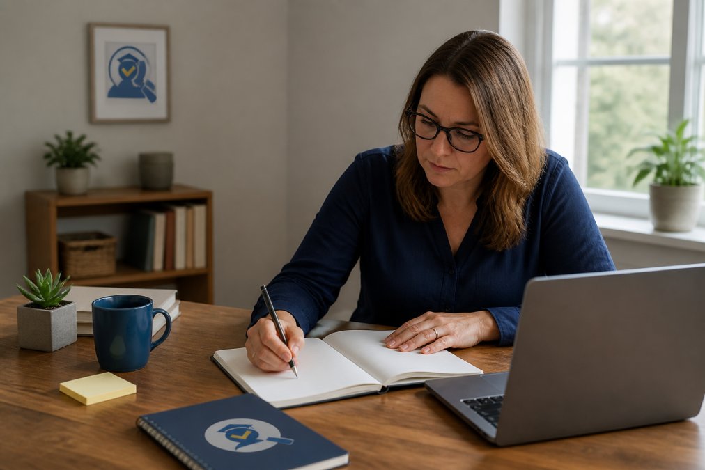 Person writing a teaching philosophy statement on a laptop at a desk