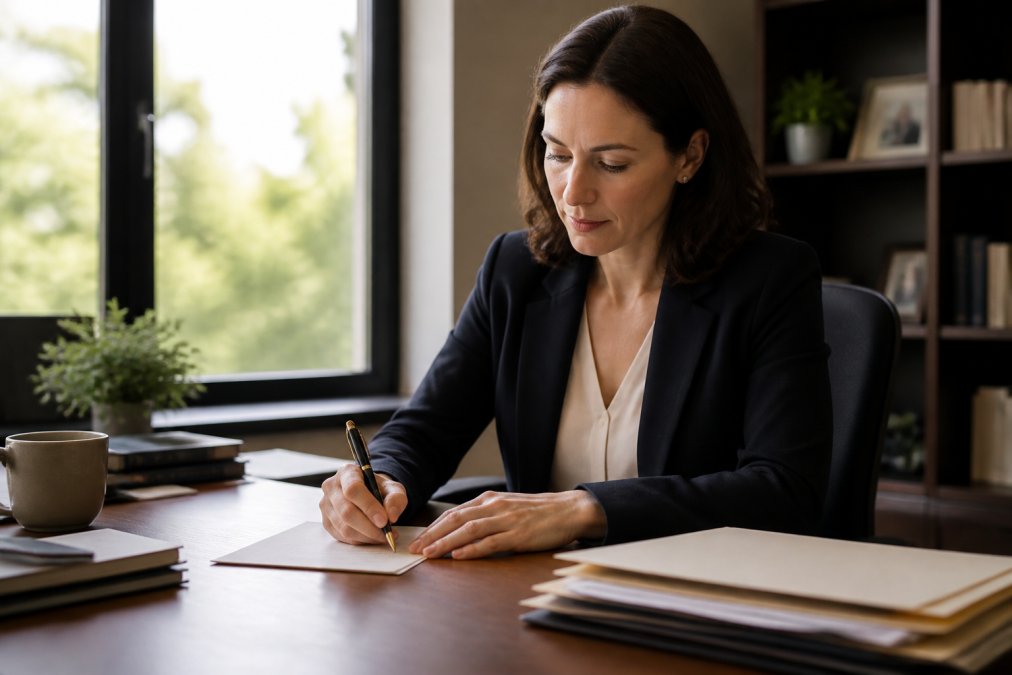 Professional sitting at desk writing a handwritten thank you note with pen and paper, warm office environment with natural light filtering through windows