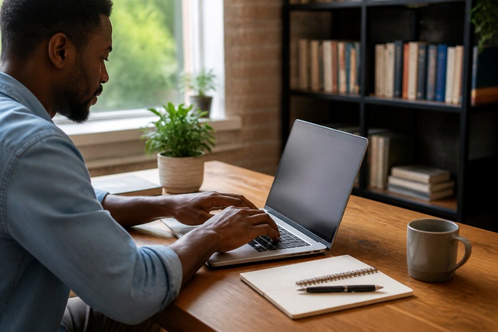 Person typing a thank you note to a recruiter on a laptop at a sunlit wooden desk with a notebook nearby