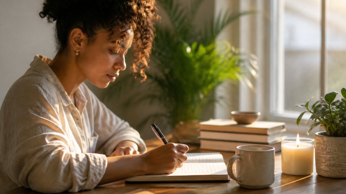 Woman writing in a journal at a desk with a warm candle nearby, morning sunlight streaming through a window, creating a calm, intentional moment of self-reflection