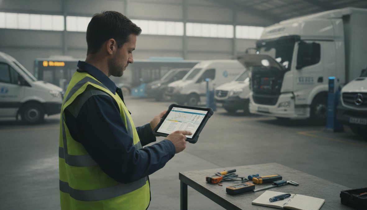 Fleet manager reviewing vehicle specifications and duty cycle data on a tablet in a warehouse depot with multiple commercial vehicles visible in the background