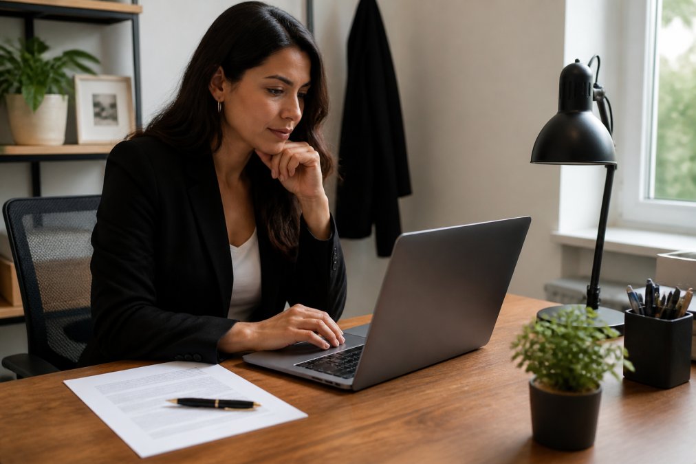 Professional marketing manager reviewing influencer contract deliverables on laptop at organised desk, with printed contract and pen visible
