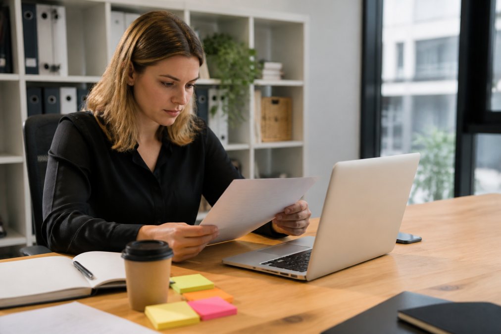 A marketing manager at a desk reviewing a printed creative brief document with a laptop open showing a social media campaign, sticky notes and a coffee cup nearby in a bright modern office