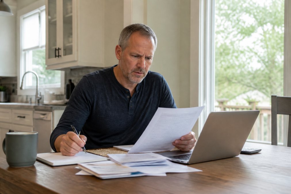 A homeowner at a kitchen table in Liberty Twp reviewing insurance documents and a denial letter, laptop open and pen in hand, natural daylight from a window