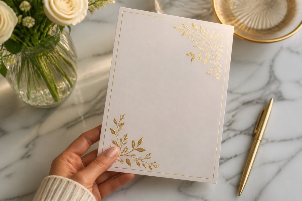 Close-up of a hand holding a gold-foil anniversary invitation card over a marble table, with a pen and a small vase of flowers nearby, warm natural light