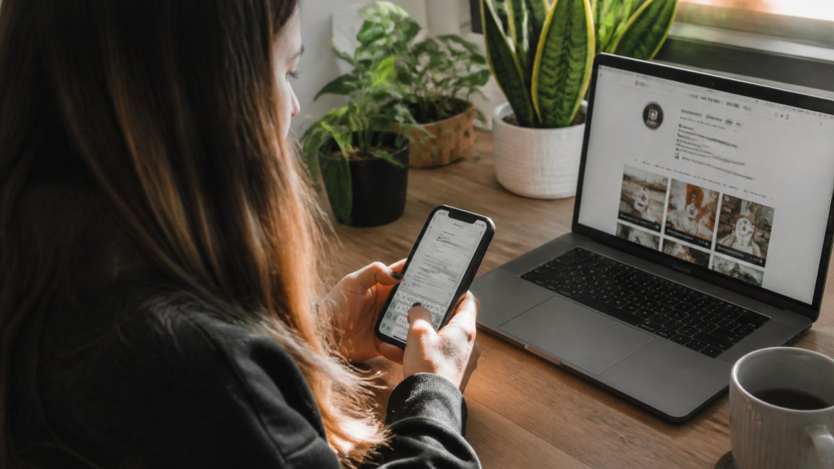 Creator typing cold dms for brands on a phone while reviewing a brand profile on a laptop to guide their outreach process.