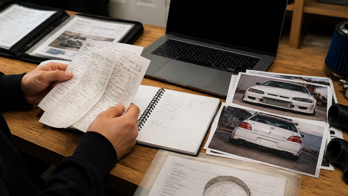 Close-up of hands organizing modification receipts, installation records, and before-and-after photos of a project car on a wooden desk with a laptop displaying CarJourney software