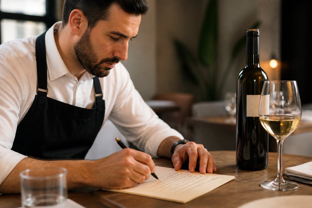 Step-by-step guide for writing menu descriptions for undiscovered wines by hand at a restaurant table