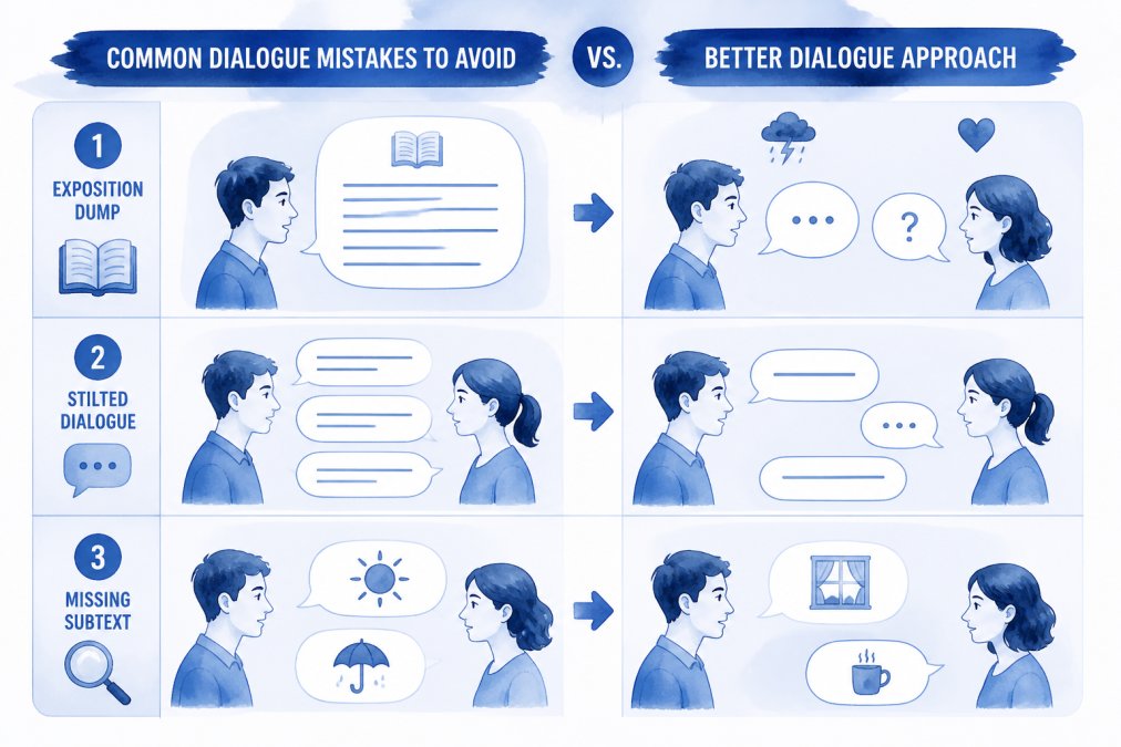 Watercolour diagram showing before-and-after dialogue examples: exposition dump vs. subtext-driven exchange, stilted dialogue vs. natural pacing with three specific contrasts highlighted