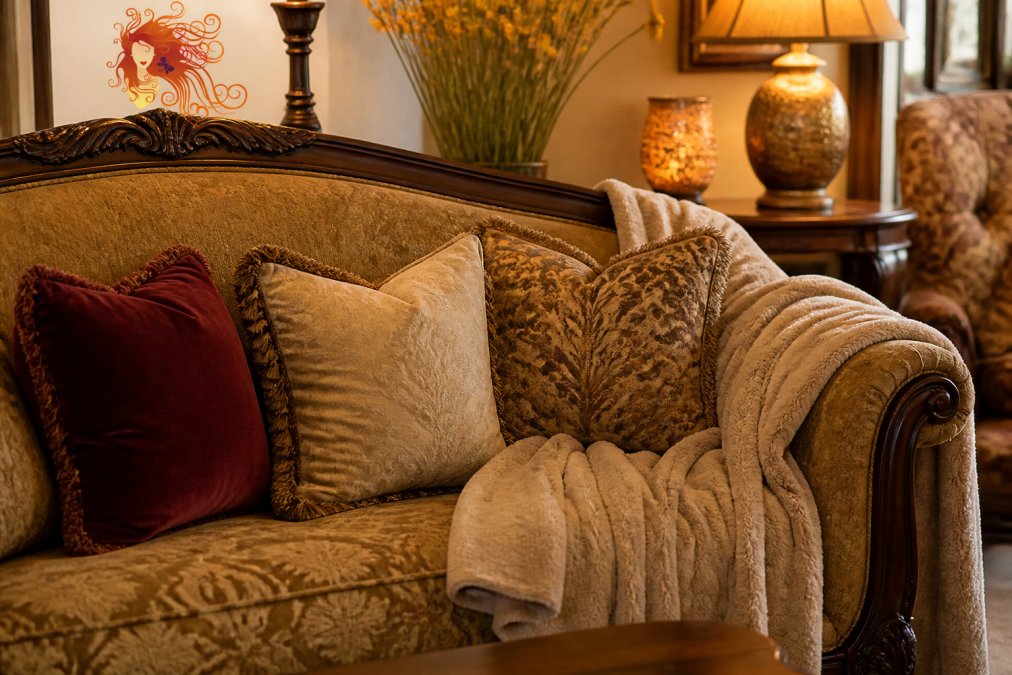 Close-up of a beautifully styled living room corner with a vintage sofa in warm lighting, surrounded by carefully arranged throw pillows, a soft blanket draped over the arm, and warm amber accent lighting that creates an inviting, comfortable atmosphere