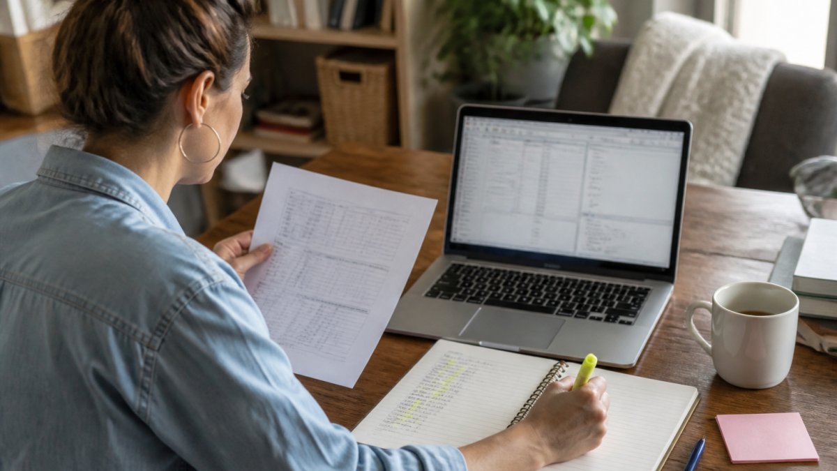A doctoral candidate at a tidy home desk comparing a printed statistical output page beside an open laptop showing a data analysis screen, highlighter and notebook within reach