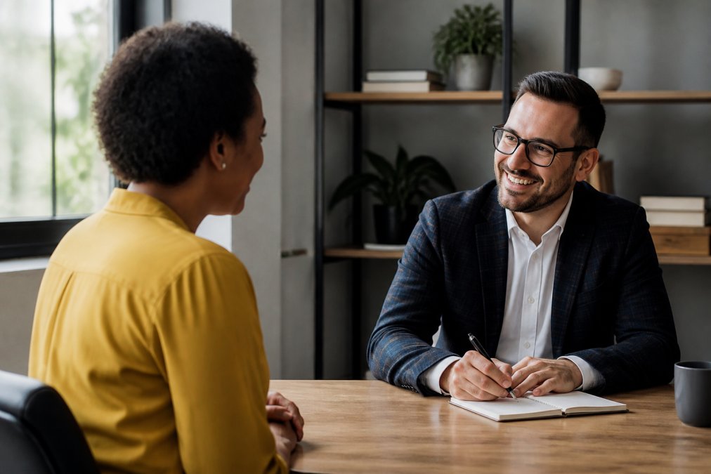 Manager having a genuine one-on-one conversation with an employee in a modern office, both smiling, manager taking notes on notepad, natural window lighting