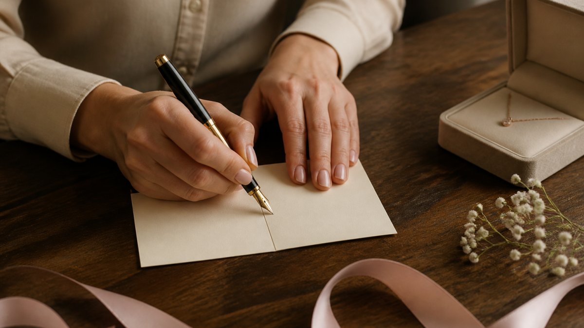 Person writing a heartfelt note on a gift card with a fountain pen next to a jewelry box on a wooden table