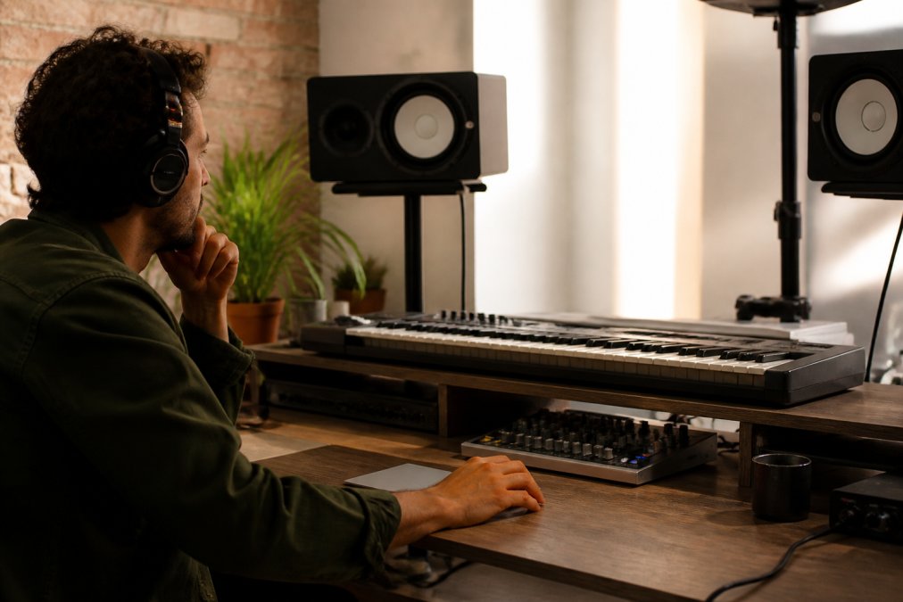 A music producer in a home studio reviewing audio waveforms on a computer monitor, with a MIDI keyboard and studio monitors visible in the background