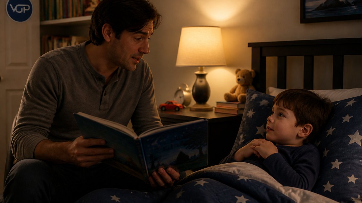 Adult reading a picture book aloud to a young child at bedtime, showing natural engagement with the child listening attentively, warm lamp lighting in a cozy room