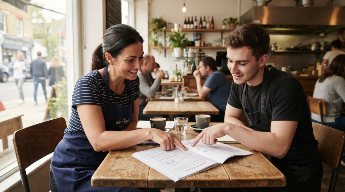 A small restaurant owner and a staff member reviewing a printed process document together at a wooden table, both pointing at the pages and looking engaged, warm natural lighting through a window