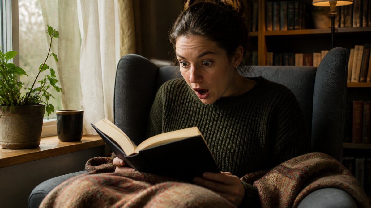 Reader sitting in a cozy reading nook with a mystery novel, leaning forward with wide eyes and a shocked expression, capturing the moment of plot twist discovery