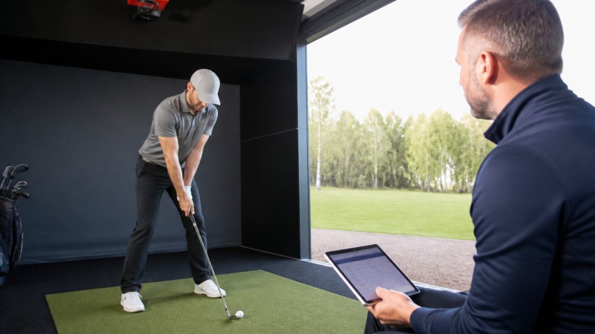 PGA professional analyzing a golfer’s swing data on a tablet in a modern indoor training studio