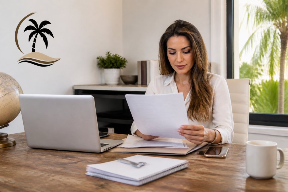 Travel advisor reviewing partnership documents to see how travel agents get VIP upgrades at a home office desk.