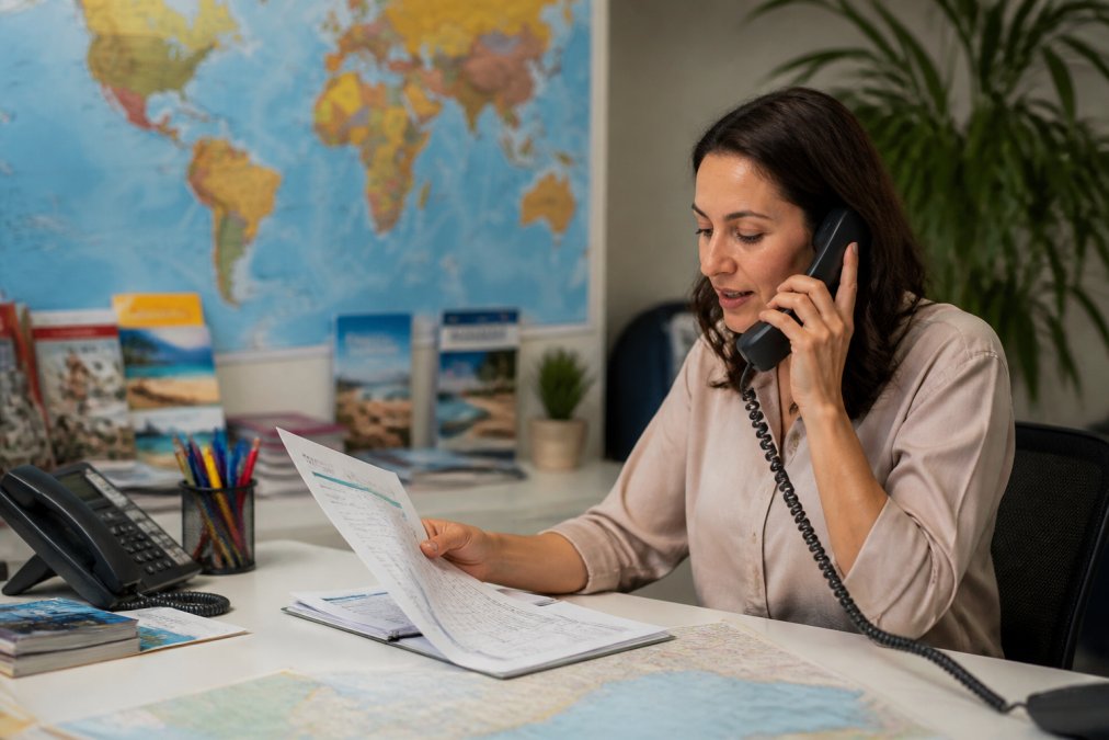 Travel advisor speaking on phone with customer while reviewing detailed printed itinerary and booking confirmation on desk, with flight map visible in background