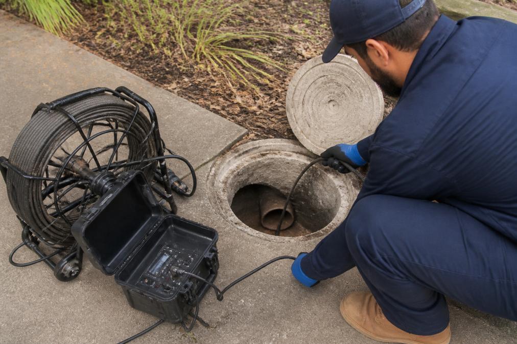 Technician in work gear carefully inserting a flexible sewer camera probe into a concrete access pit, with monitoring equipment and cable management visible on the ground beside the pit