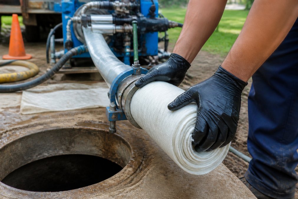 Close-up of a technician's gloved hands guiding a tightly rolled, resin-coated fabric liner into the opening of a damaged sewer pipe, with specialized insertion equipment and access pit visible in the background