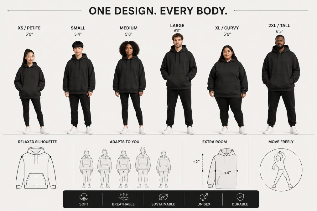 Diverse group of people wearing the same unisex oversized boxy hoodie in neutral tones, showing how the relaxed silhouette adapts to different body types, heights, and proportions in natural daylight
