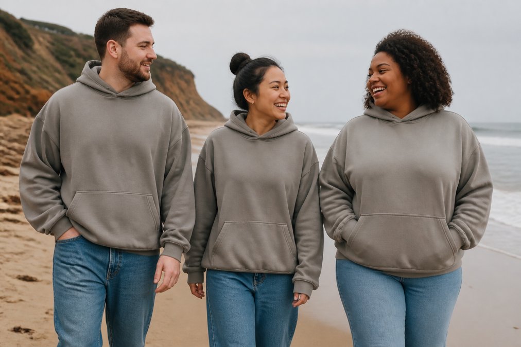 Three people with different body shapes and silhouettes wearing the same unisex boxy hoodie in a neutral setting, demonstrating how the relaxed fit and dropped shoulders create balanced proportions across different frames