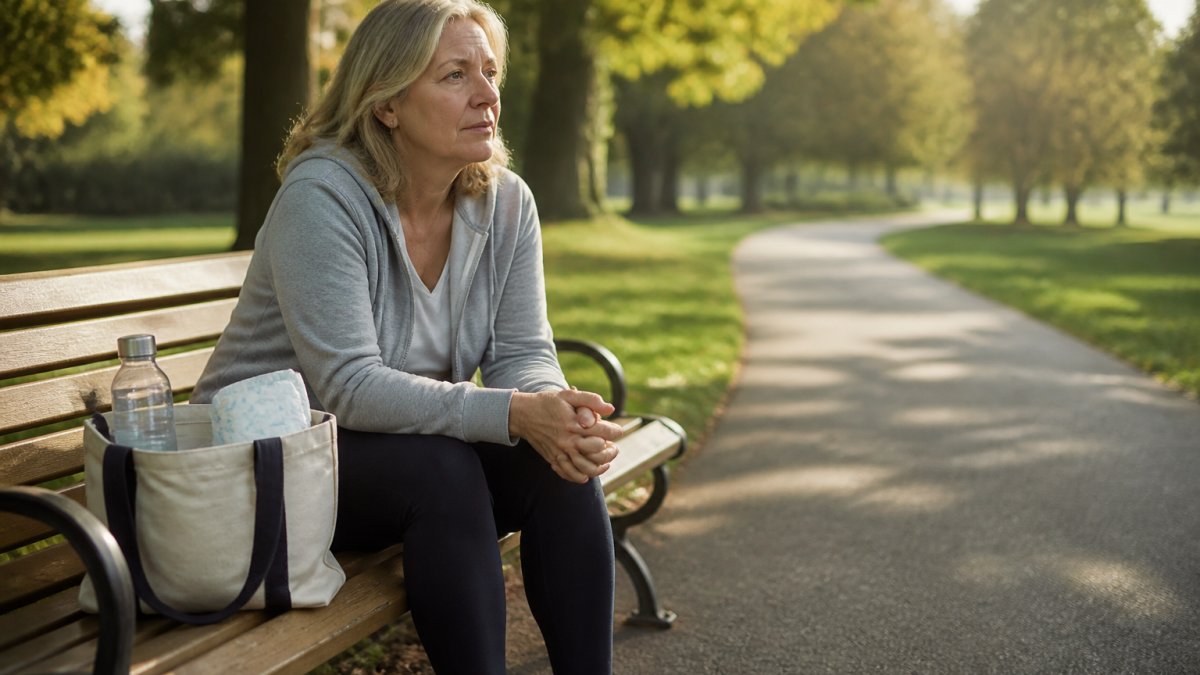 A woman in her 50s sitting on a park bench, looking thoughtfully at a path ahead, with a tote bag beside her containing a water bottle and a small pack of pads, natural daylight, warm and empathetic tone