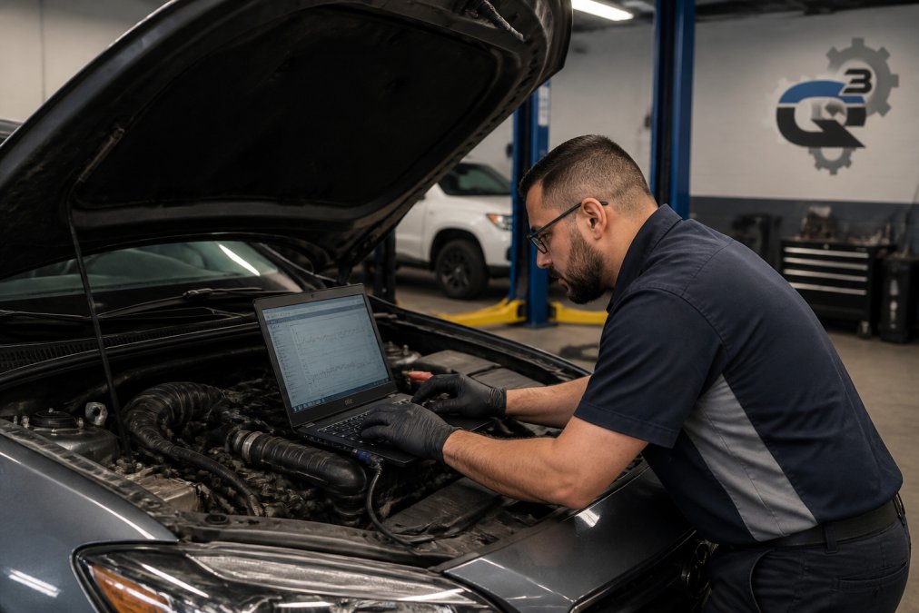 Professional technician using diagnostic computer equipment on a modern vehicle engine, with multiple screens displaying vehicle sensor data and fault codes in a well-lit repair shop