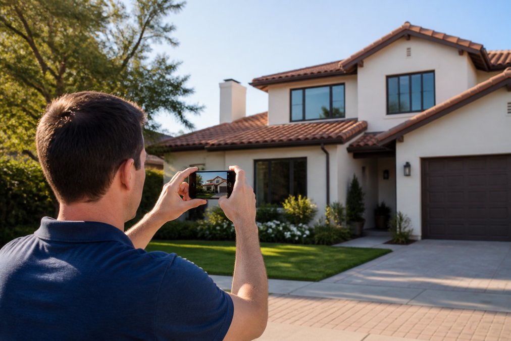 Homeowner photographing residential home exterior with smartphone, capturing windows, roofline, and surrounding property features in natural afternoon daylight
