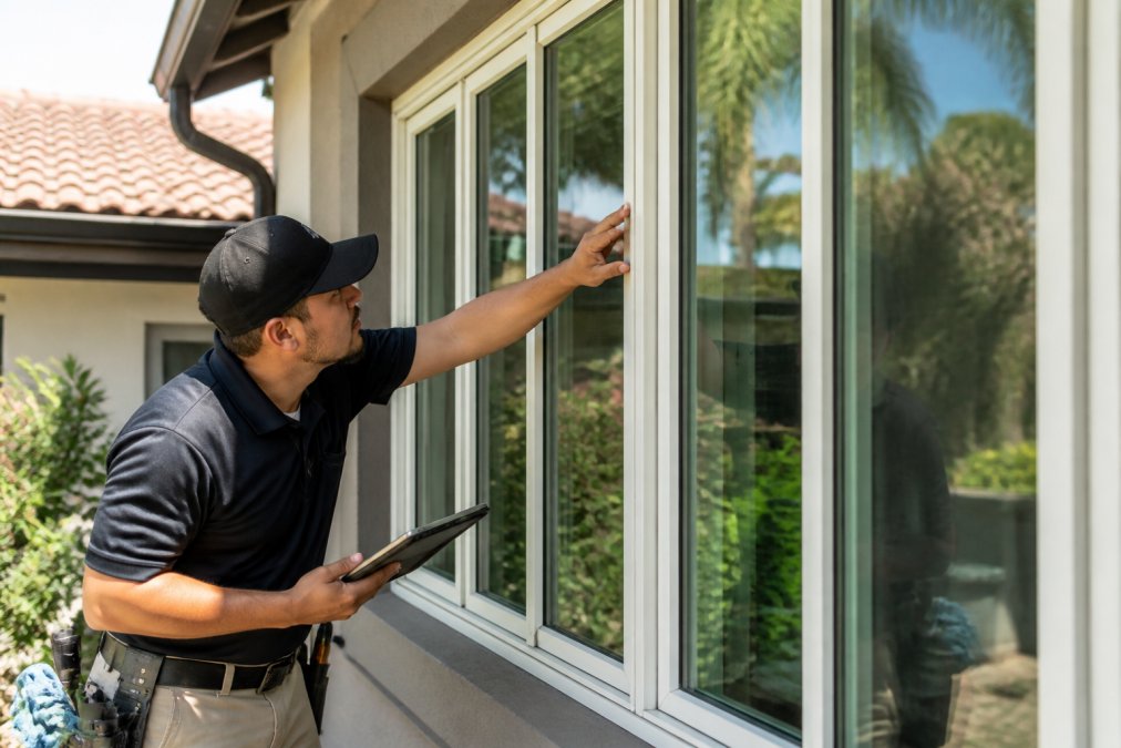Professional window cleaning technician inspecting residential windows during on-site assessment, examining glass condition and frame details with focused attention