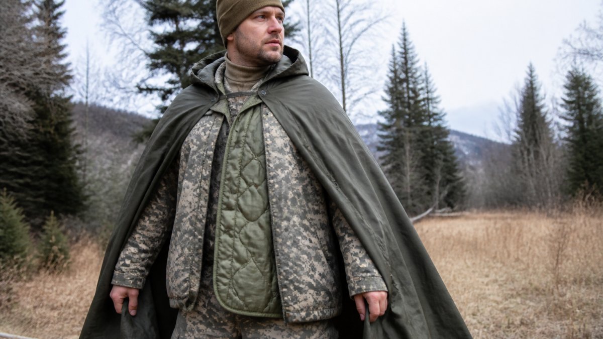 Soldier in camouflage gear wearing a woobie layered under a military poncho in outdoor field setting, demonstrating proper fit with arms free for movement and poncho draped over shoulders