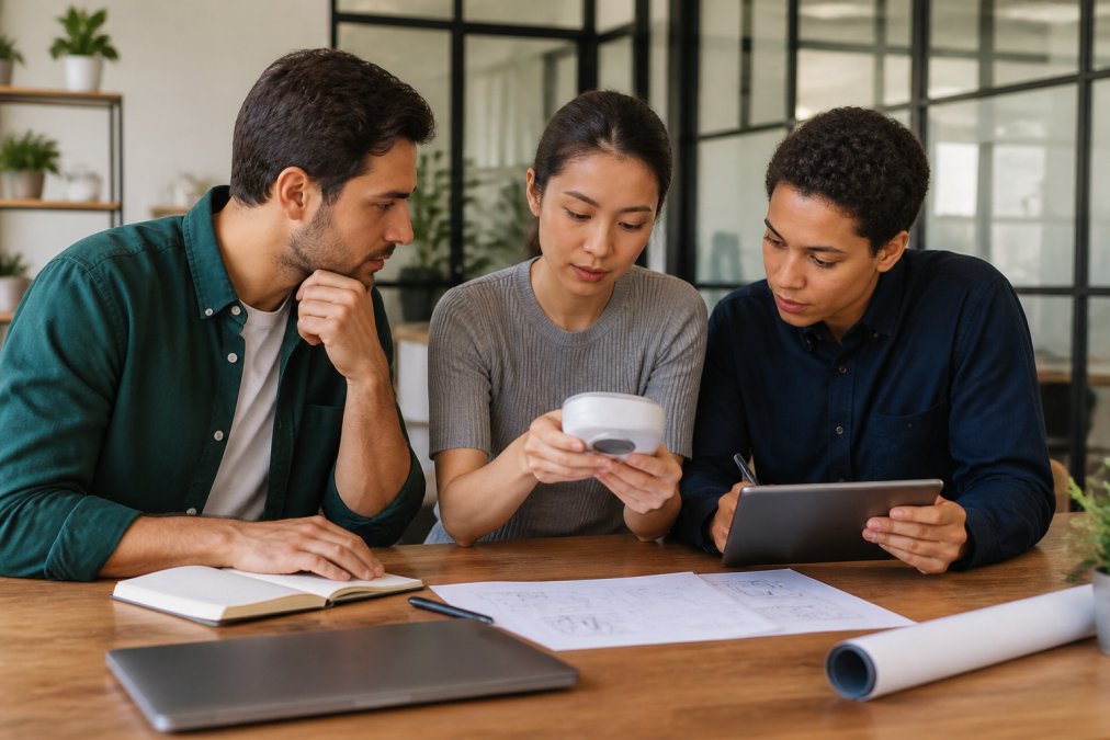A team of three young professionals in a bright, modern office examining a new gadget prototype and taking notes on a shared tablet