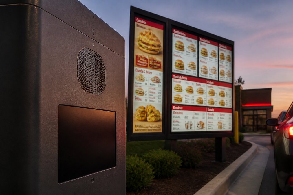 Close-up view of a Wendy's drive-thru speaker and illuminated menu board at dusk, with the speaker grille and digital display visible in sharp focus