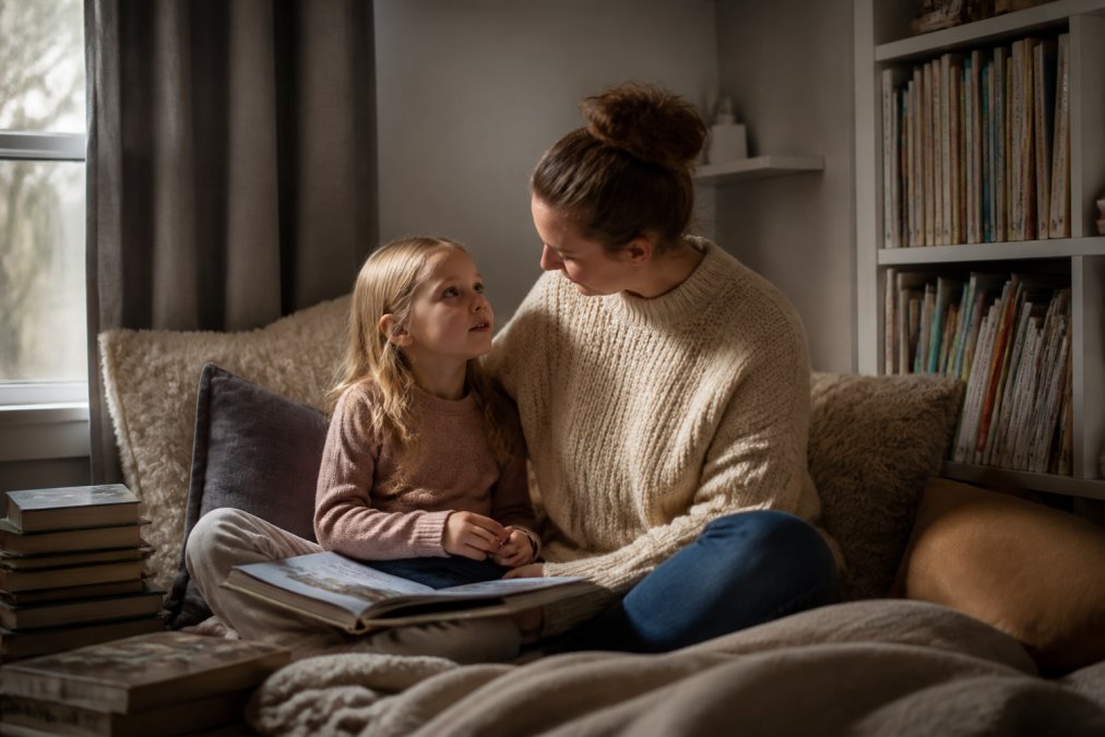 En voksen og barn sitter sammen i et koselig hjørne med myke puter, bøker stablet omkring seg, og dempet naturlig lys som skaper en intim og trygg atmosfære for lesing