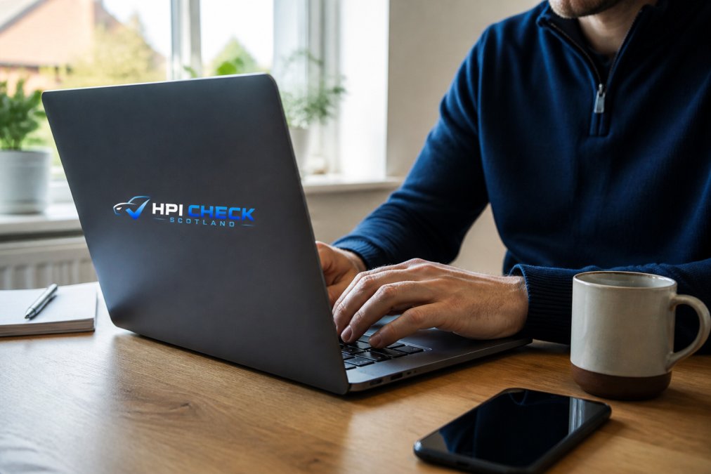 Close-up of a person's hands typing on a laptop keyboard with a vehicle history report visible on the screen, set on a desk in a home office