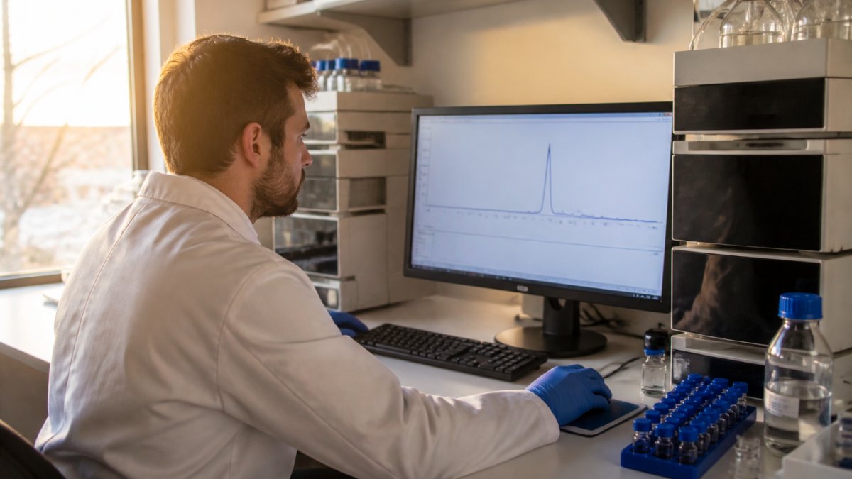 Professional onderzoeker bestudeert gedetailleerd HPLC-analyserapport op computermonitor in modern laboratorium met analytische apparatuur op achtergrond, natuurlijk daglicht
