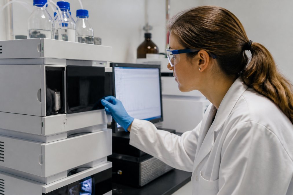 Researcher in lab coat examining a liquid chromatography instrument with a computer display showing chromatographic data in the background, with natural laboratory lighting