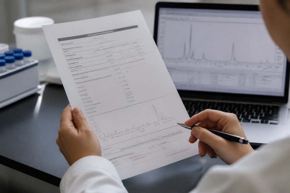 Close-up of hands holding a Certificate of Analysis document with a pen, with a laptop showing analytical results visible in the background