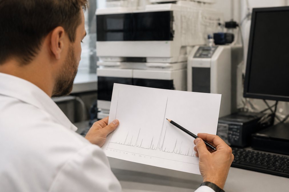 Close-up van een onderzoeker die een uitgeprint HPLC-chromatogram bestudeert op een laboratoriumtafel, met een potlood dat naar een hoge piek wijst. Op de achtergrond een HPLC-apparaat met monitor