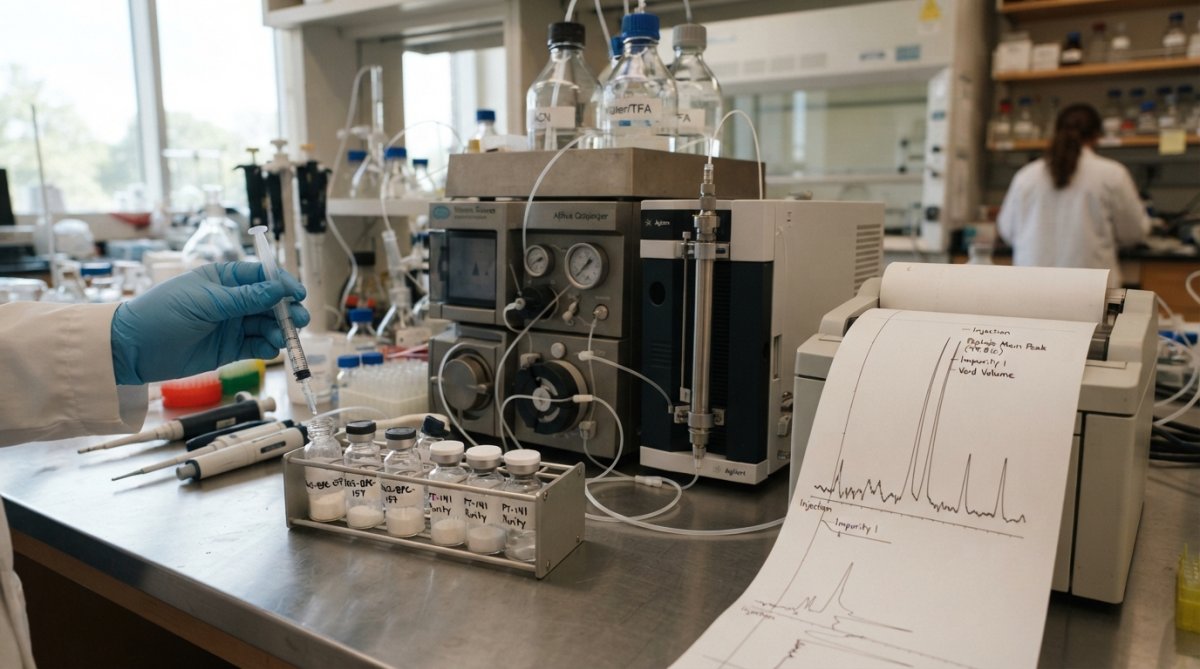 Laboratory technician examining HPLC chromatogram displayed on computer monitor in modern analytical lab, with peptide sample vials visible on the bench, natural window lighting