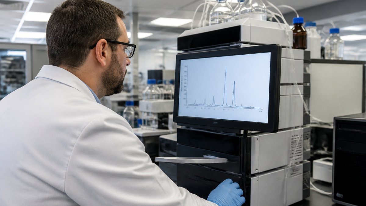 Laboratory technician in white coat examining HPLC instrument display screen showing a chromatogram with multiple labeled peaks, in a modern research facility with bright overhead lighting and stainless steel equipment
