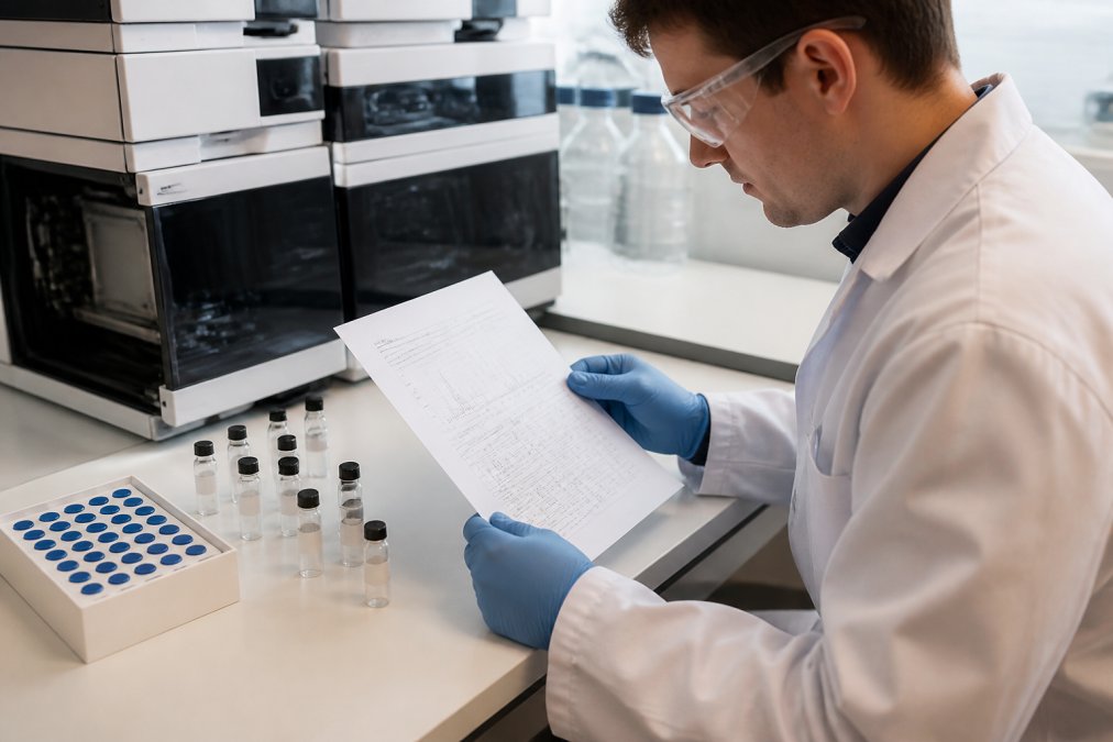 Onderzoeker die een analysecertificaat (CoA) zorgvuldig controleert naast een batch peptideblaadjes in een schoon laboratorium met witte werkblad