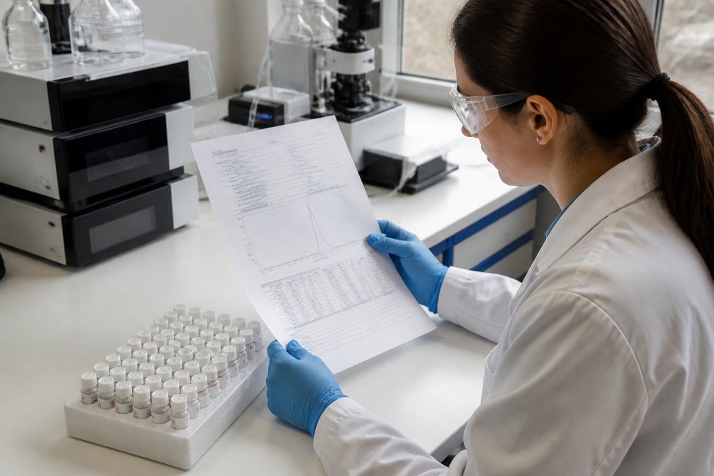 Onderzoeker controleert een analysecertificaat van peptiden voor HPLC zuiverheid in een modern laboratorium met witte